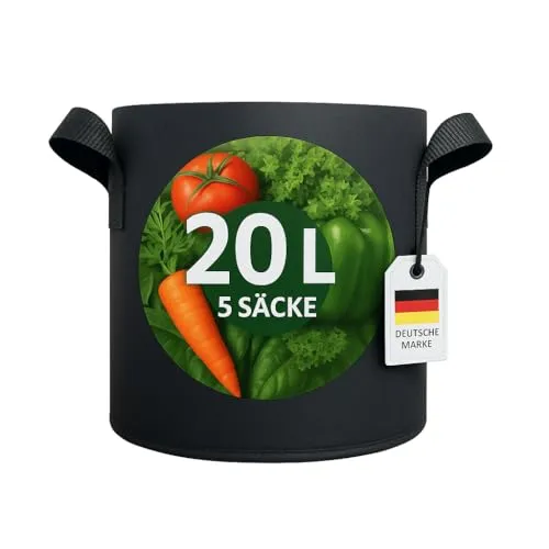 König Design 5X 20L Pflanzsack aus Vlies Stoff - 5er Set 20L Pflanztaschen aus 300 g/m² Filz & Vliesstoff - Pflanzgefäß Pflanzbeutel für Balkon Terrasse Gewächshaus & Garten