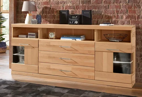Home affaire Sideboard Ribe, 180cm - Massivholz & variabel einsetzbare Böden - Sideboard aus teilmassivem Kernbuche Holz mit 7 Fächern und eleganten Glastüren. Ideal für stilvolle Aufbewahrung und individuelle Gestaltung.