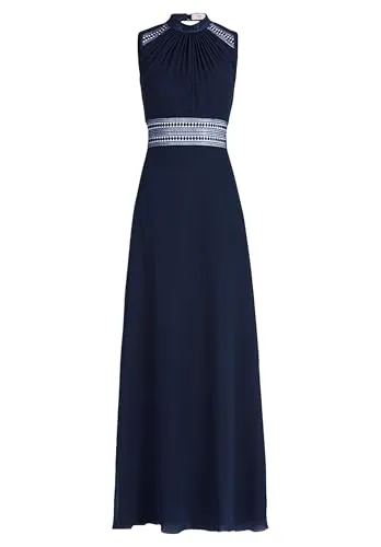 Vera Mont Damen Abendkleid rückenfrei Night Sky, 42 - Elegantes Cocktailkleid aus nachhaltigem Recycled Polyester, mit transparenten Spitzenbändern und Stehkragen – der perfekte Blickfang für besondere Anlässe.