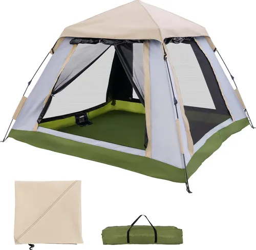 COSTWAY Wurfzelt, Personen: 4, Pop-up Zelt, Campingzelt mit Regenverdeck beige|grau|grün