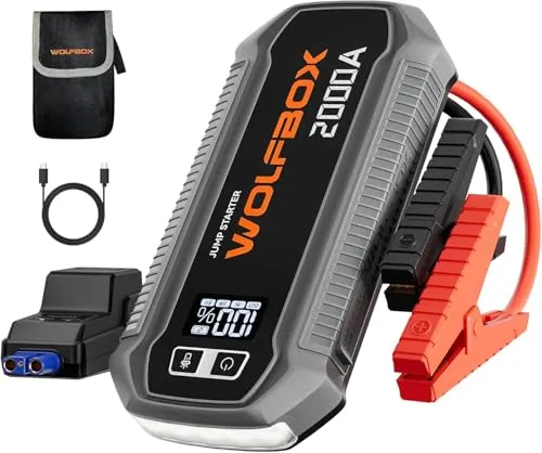 WOLFBOX Starthilfe Powerbank 2000A, 12V Auto Starthilfe (Bis zu 7L Benzin/6L Diesel) mit LED-Taschenlampe, großen Bildschirm, Starthilfekabel, Autobatterie Booster für Auto, Motorräder, Rasenmäher