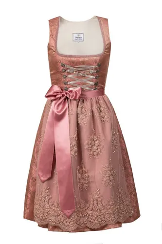 Edelnice Trachtenmode Midi Dirndl Sophia mit Spitzenschürze - Elegantes Dirndl für Damen in Größe 32-54, aus schimmerndem Stoff mit pinken Ornamenten, inklusive üppig bestickter Schürze und handgefertigtem Charivari für einen glamourösen Look.