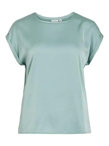 Vila Viellette S/S Satin Top - Noos für Damen - Stylisches Box-Fit T-Shirt mit niedrigen Schultern und Umschlägen an den Ärmeln. Ideal für einen lässigen Look im Alltag.