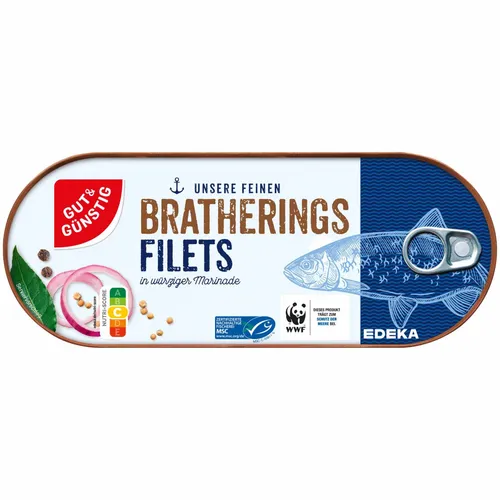 Gut&Günstig Bratheringsfilets in würziger Marinade 325g - Fisch- & Meeresfrüchtekonserven, zarte Bratheringsfilets in einer köstlichen, würzigen Marinade – ideal für schnelle Snacks oder als Beilage.