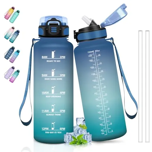 Grsta Trinkflasche 1 5 liter, Sport mit Zeitmarkierung, mit Strohhalm, Auslaufsicher, Leicht zu Reinigen, Wasserflasche für Wandern, Fitness, Camping, Yoga, Blau-Grün