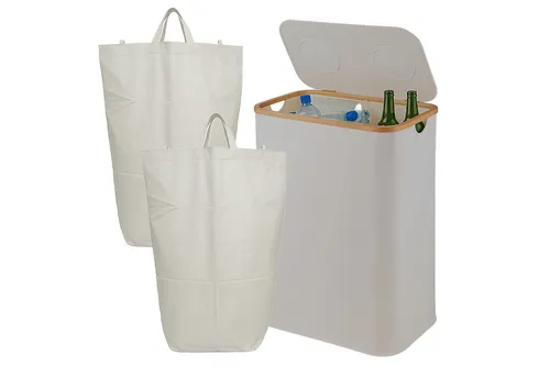 relaxdays Flaschensammler 2 Fächer, Beige - Haushaltszubehör für sauberes Recycling: Der Flaschensammler bietet zwei Fächer für Glas- und Plastikflaschen, ist pflegeleicht und mit praktischen Griffen ausgestattet.