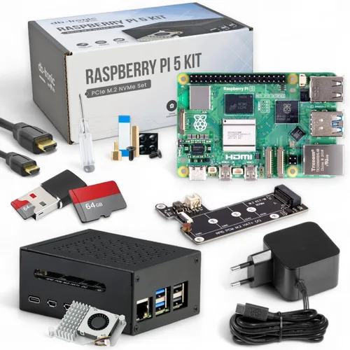 Raspberry Pi 5 8GB PCIe M.2 NVMe Set - Mainboards: Komplett-Kit mit aktivem Kühler, 64GB Speicherkarte und USB-C Netzteil für optimale Leistung und Flexibilität bei Projekten.