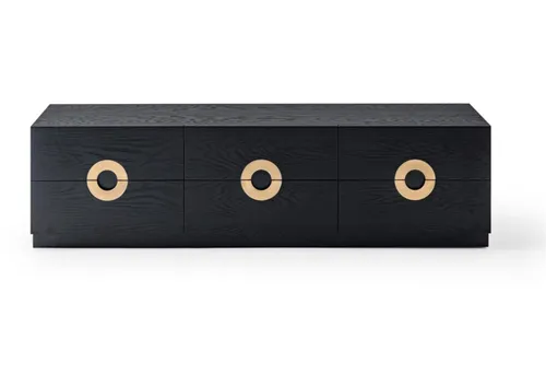 Designer Medienmöbel TV-Ständer für modernes Wohnzimmer - Stylischer TV-Ständer in Schwarz, aus hochwertigem Holzfurnier. Mit 6 Schubfächern bietet er viel Stauraum. Maße: 180 x 43 x 48 cm – ideal für Ihr Wohnzimmer.