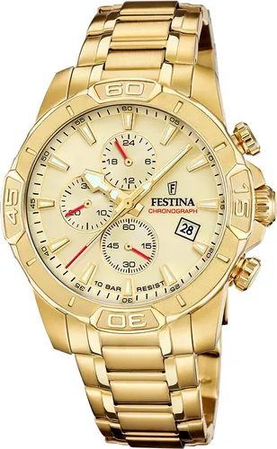 Festina F20705/2 Timeless Chronograph Uhr für Herren - Elegante Armbanduhr für Herren mit goldfarbenem Edelstahl-Gehäuse und -Armband, 10 bar wasserdicht und stilvolles beiges Zifferblatt.
