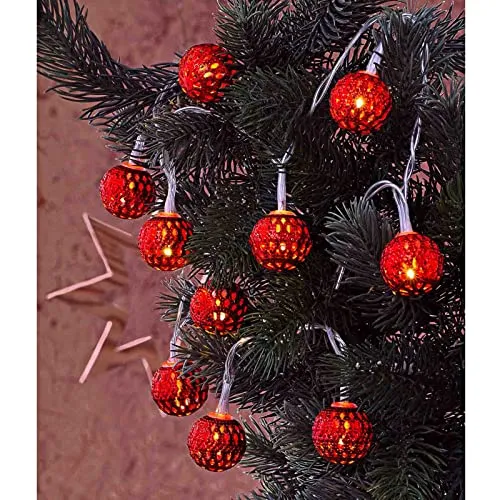 LED Lichterkette mit 10 Kugeln Ø 2,5 cm Warmweiß Batterie Kugelkette Orientalische Weihnachtsbeleuchtung Batteriebetrieben (Rot)