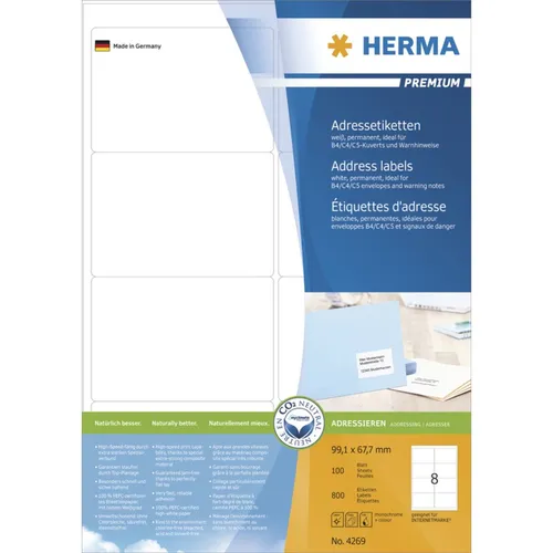 Herma Premium 4269 Etiketten weiß 99.1 x 67.7mm, 800 Stück - Universaletiketten für fast alle Drucker, mit starker Haftung und nachhaltiger, CO2-neutraler Produktion. Ideal für C6 Kuverts.