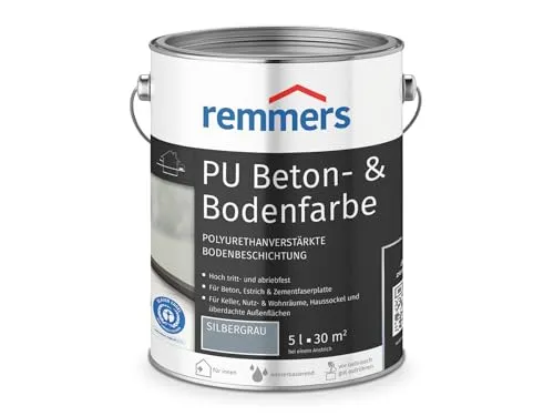 Remmers PU Beton- und Bodenfarbe, silbergrau, seidenmatt, 5 Liter - Betonfarben für Innen und Außen, schnell trocknend und ideal für Keller, Terrassen und Balkone. Belastbar und chemikalienbeständig, perfekt für Estrich und Zementfaserplatten.