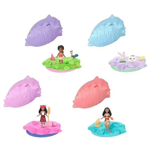 Mattel Disney Vaiana Überraschung kleine Puppe oder Tierfiguren mit Muschel-Spielset, formbarem Sand und 3 Zubehörteilen, vom Film inspiriert (Charaktere können abweichen), JJV43