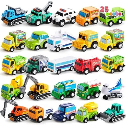 JOYIN 25 Stück Spielzeugfahrzeug-Set für Kleinkinder - Vielfältiges Set mit 25 bunten Fahrzeugen, ideal für Kinder ab 1 Jahr. Reibungsbetrieben, robust und sicher – fördert spielerisch motorische Fähigkeiten und Kreativität!
