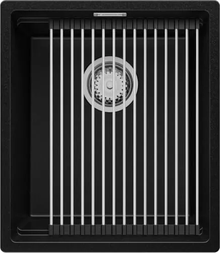 PRIMAGRAN Unterbauspüle Granit Schwarz 41x47cm, Spülbecken 1 Becken + Ablauf-Set + Aufrollbare Abtropffläche, Granitspüle ab 45er Unterschrank - Praga S037