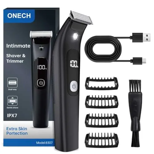 Intimrasierer Mann,Rasierer Herren Elektrisch Bartschneider Kabellos, USB Wiederaufladbar & Wasserdicht & LED Face & Body Trimmer mit 4x Trimmaufsätze, Ultrascharfer Klingen für die Haut