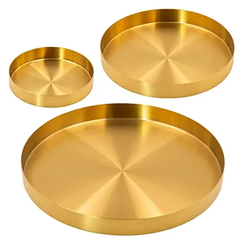 Blümelhuber 3 Deko Tablett Rund - Set 3 Stück - Gold Metall - Servierplatten Set mit drei goldenen Dekotabletts, ideal für Hochzeits- und Weihnachtsdekoration, vielseitig einsetzbar als Schmuckablage oder Obstschale.