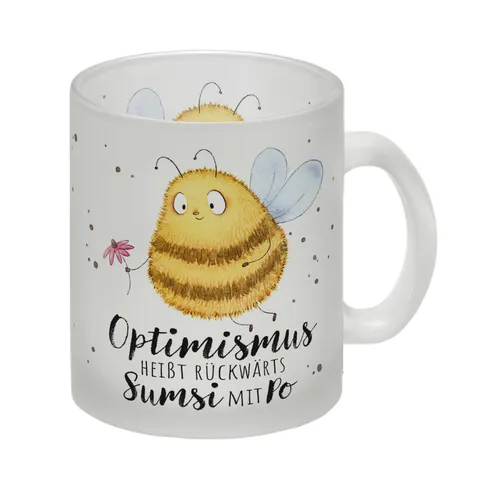 Pummel Biene Glas Tasse mit Spruch Optimismus heißt rückwärts Sumsi mit Po eine bunte Tasse für die Arbeit Motiv Bienentasse Kaffeetasse Frauen Geburtstag lustige Blumenwiese