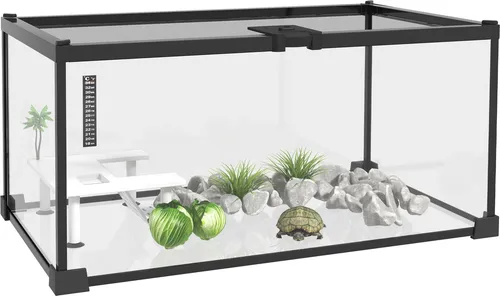 PawHut Reptilienbox, Reptilienzuchtbox, transparentes Terrarium, Schiebedeckel, Drahtgitter, Wasserspender, Thermometer, Glas und Metall, 50 x 30 x 25 cm, Weiß