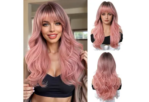 LuxusKollektion Kunsthaarperücke Lange Ombre Rosa Perücke mit Pony Natürliches Synthetik Haar