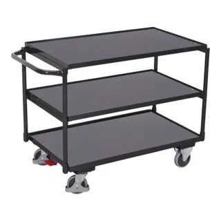 VarioFit Tischwagen mit 3 Ladeflächen RAL 7016 - Praktischer Mehrzweckwagen mit drei stabilen Ladeflächen in RAL 7016. Ideal für Werkstätten und Lager, bietet er hohe Flexibilität und einfache Handhabung durch ergonomischen Schiebegriff.