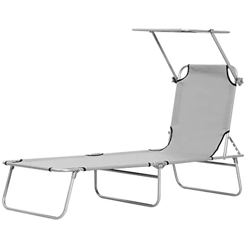 Outsunny Sonnenliege mit Sonnendach - 187Lx58Wx36Hcm - Hellgrau - Gartenliege mit verstellbarer Rückenlehne in 4 Positionen, ideal für entspannte Stunden im Freien. Pflegeleicht und klappbar für einfachen Transport.