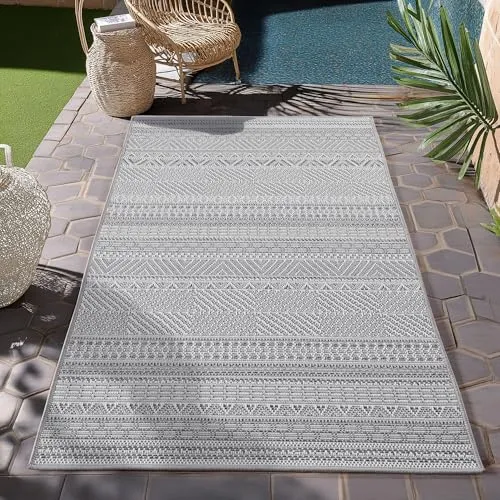 HomebyHome Outdoor Teppich Grau 80x150 cm Läufer, Wetterfest & UV-beständig, ideal für Küche, Balkon, Terrasse auch Wohnzimmer und Esszimmer, Skandinavisches Boho-Design, Leicht zu Reinigen
