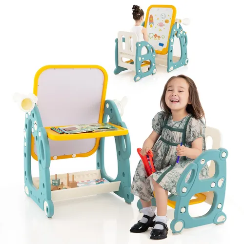 in 1 Kinder Staffelei Standtafel mit Stuhl & Whiteboard 2 - Kreative Kindertafel in Blau, 55 cm breit und 90 cm hoch. Ideal für Spiel und Spaß, mit praktischer Kreide- und Magnettafel für vielseitige Nutzung.
