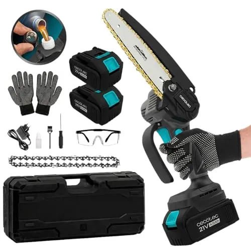 Cecotec Mini Kettensäge mit Akku MontanaForce 6400 Hand, 700 W, Brushless Motor, 6 Zoll Schwert, 2 Akkus 21 V 4 Ah, Kettenschmierung per Knopfdruck, Ersatzkette, Koffer, Schutzbrille und Handschuhe