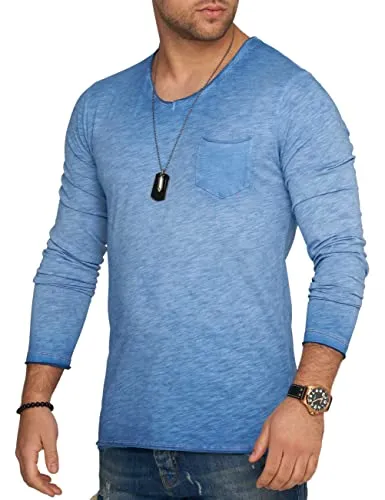 behype. Herren Langarm Shirt mit Brusttasche Longsleeve Langarmshirt T-Shirt V-Neck 3448-Blau-XXL