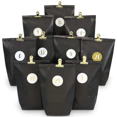 Papierdrachen Adventskalender 2025 zum Befüllen - 24 schwarze Geschenktüten mit Zahlenaufklebern & Metall-Klammern - DIY - zum Basteln - Weihnachten