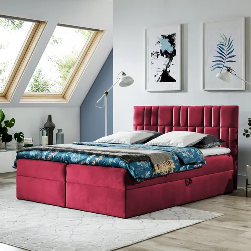 Boxspringbett Doppelbett TEO 1 - 180x200cm Bett mit Bonellmatratze, mit Bettkasten für Bettwäsche und Topper. (Rot)