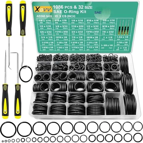 XBVV SAE-O-Ring-Sortiment, 32 Größen, 1086-teilig, Standard-Buna-N Gummi-O-Ring-Set mit 4 Plektren und Haken für hydraulische Wasserhähne, Sanitärdichtung, Reparatur-ID: 0,6 cm - 5,1 cm