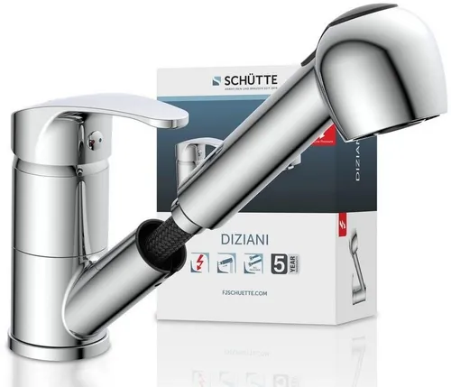 SCHÜTTE DIZIANI Küchenarmatur mit Geschirrbrause - Niederdruck Armatur für drucklose Untertischgeräte, mit schwenkbarem Wasserhahn und herausziehbarer Geschirrbrause für flexible Nutzung im Spülbereich.