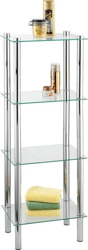 WENKO Regal Mod. Yago viereckig, 4 Ablagen - Badregal mit 4 transparenten Ablagen aus Sicherheitsglas und glänzendem Edelstahlgestell, ideal für Handtücher und Badutensilien – einfach zu montieren und stabil.
