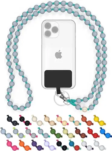 DROPLETSY Holzperlen Handykette universal, handgefertigt, Schlüsselband, Kette, Necklace zum Umhängen - kompatibel mit allen Smartphones: Apple iPhone, Samsung Galaxy (ohne Hülle, Mint Shark)
