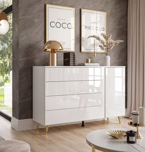 AURA II Kommode mit PUSH OPEN und LED Beleuchtung in Weiß hochglanz