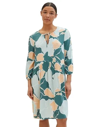 TOM TAILOR Damen Tunica Kleid mit Bindedetail - Abstract Flower Print, Größe 40 - Freizeitkleid mit Bindedetail und Raffung, ideal für besondere Anlässe. Aus weicher Viskose für hohen Tragekomfort und optimale Passform.