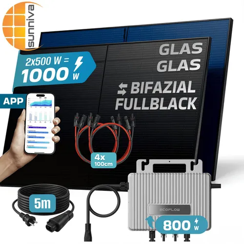SUNNIVA® 1300W Balkonkraftwerk – Komplettset mit 800W Wechselrichter - Balkonkraftwerk für einfache Energiegewinnung: Bifaziale Solarmodule mit bis zu 30% mehr Ertrag, Plug & Play Installation und vielseitig einsetzbar für Balkon, Dach oder Garten.