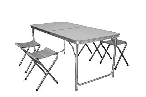 Linder Exclusiv Camping Set – Faltbarer Campingtisch mit 4 Hockern – Höhenverstellbar und kompakt