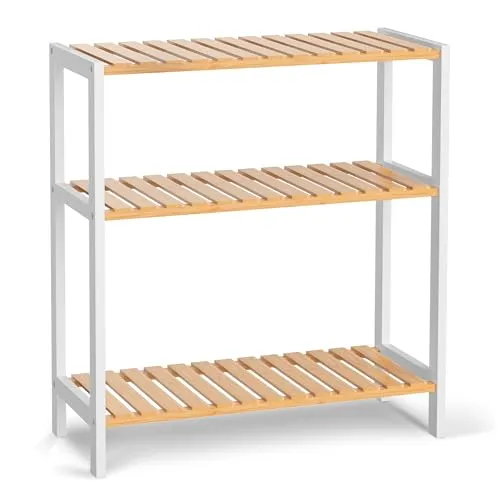 VASMIA Badezimmerregal, Badregal, Küchenregal, Schuhregal Schmal mit 3 Ebenen, Standregal aus Bambus, 26 x 60 x 66 cm, für Bad, Wohnzimmer, Flur, Küche,Schlafzimmer, Balkon,Weiß+Natürlich