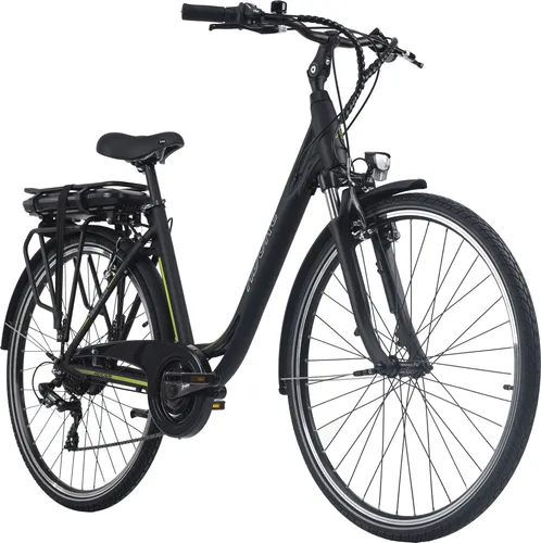 Pedelec E-Bike Cityfahrrad 28'' Adore Versailles schwarz-grün - Das Adore Versailles E-Bike verbindet Komfort und Leistung für Pendler und Freizeitfahrer. Mit bis zu 80 km Reichweite und 5 Unterstützungsleveln ist es ideal für längere Strecken und einfache Steigungen.