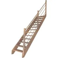 StarWood Treppe Mykonos Eiche Gerade mit Holz-Design-Geländer rechts - Elegante gerade Holztreppe aus zertifiziertem Eichenleimholz mit 40 mm Stärke. Offener Stufenaufbau und modernes Holz-Design-Geländer auf der rechten Seite für Stabilität und stilvolle Wohnraumgestaltung.