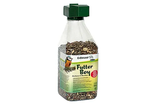ERDTMANNS Futterboy - Futterspender für Wildvögel mit 500g Futtermischung - Hochwertige Vogel-Futtermischung für heimische Singvögel, hygienisch im Futterboy-Silo geschützt. Ideal für ganzjährige Fütterung, einfach aufhängbar und jederzeit nachfüllbar.