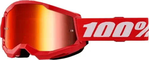 100% Strata 2 Crossbrille rot verspiegelt - Sportbrillen für Motocross, Einsteiger-Modell mit hypoallergenem Schaumstoff und hochwertigen Gläsern, kompatibel mit Forecast Roll-off System.