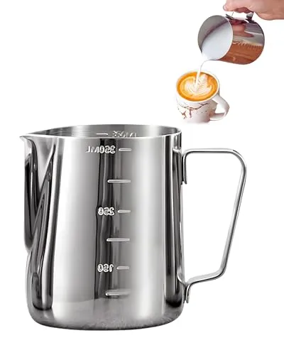 Milchkännchen Edelstahl Handheld Aufschäumkännchen, Kaffee Creamer Milch Aufschäumer Kännchen Tasse mit Messung Mark und Latte Art Pen, Milchkännchen perfekt für Barista Cappuccino Espresso (350 ML)