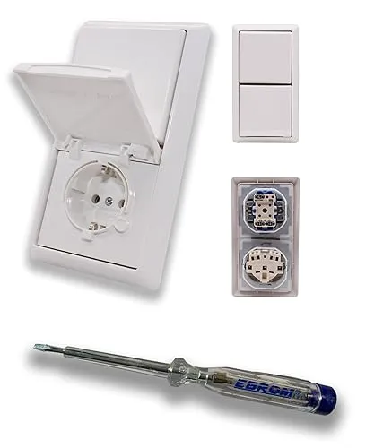 Busch Jäger Allwetter44 Komplett Set IP44 (spritzwassergeschützt) Klappsteckdose 20EUGK-34-101 alpinweiß und Taster Tastschalter 2020US, alpinweiß, inkl. EBROM Phasenprüfer zur Montage der Geräte