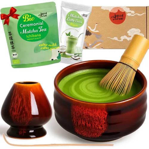 Matcha Set mit BIO Matcha Tee Pulver | Teeschale, Matchabesen & Halter | Akai