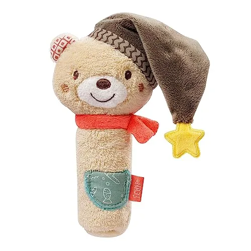 Fehn Stabgreifling Bär - Motorikspielzeug für Babys zur Förderung der Motorik und Sinne - ideales Baby Spielzeug als süßes Kuscheltier mit Rassel und Quietsche - Geschenk zur Geburt ab 0+ Monaten
