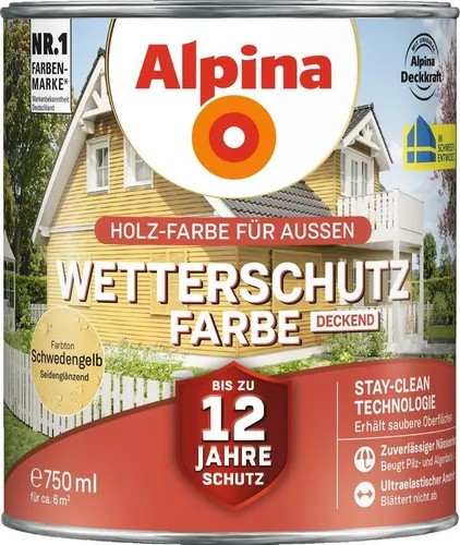 Alpina Wetterschutzfarbe Holzfarbe deckend Schwedengelb 750ml - Innen- & Außenfarbe in Schwedengelb, idealer Wetterschutz für Holzoberflächen, seidenmatte Optik, empfohlen für 2 Anstriche.